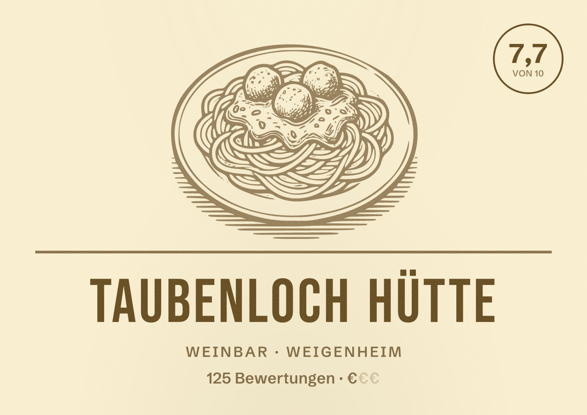 Illustriertes Poster von Taubenloch Hütte, Weinbar in Weigenheim: Bewertung 7,7 von 10 aus 125 Bewertungen, Preisniveau €