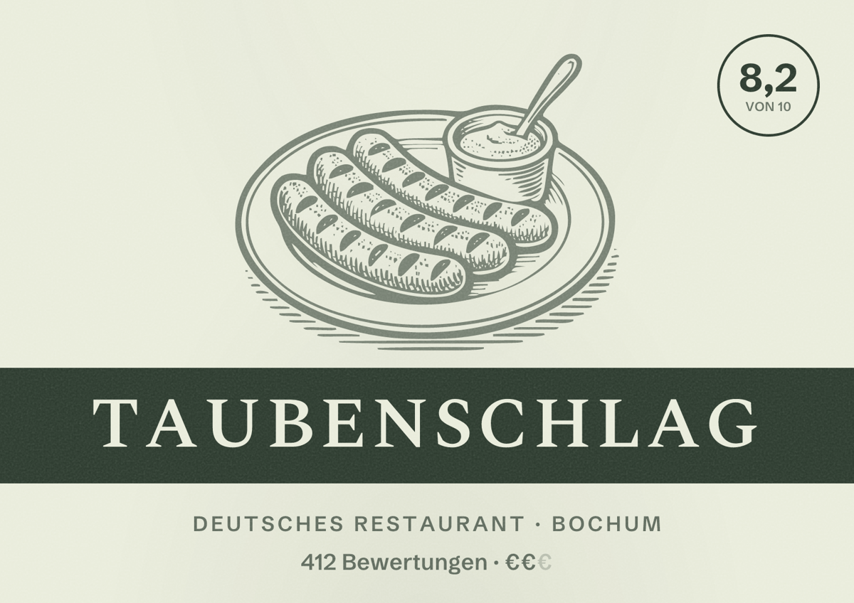 Illustriertes Poster von Taubenschlag, Deutsches Restaurant in Bochum: Bewertung 8,2 von 10 aus 412 Bewertungen, Preisniveau €€