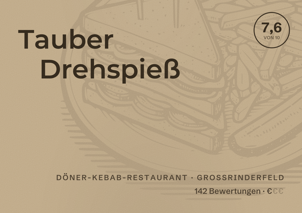 Illustriertes Poster von Tauber Drehspieß, Döner-Kebab-Restaurant in Großrinderfeld: Bewertung 7,6 von 10 aus 142 Bewertungen, Preisniveau €