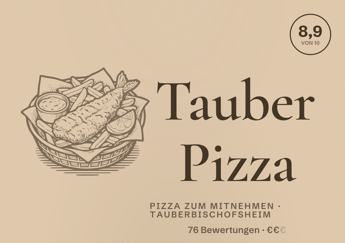 Illustriertes Poster von Tauber Pizza, Pizza zum Mitnehmen in Tauberbischofsheim: Bewertung 8,9 von 10 aus 76 Bewertungen, Preisniveau €€