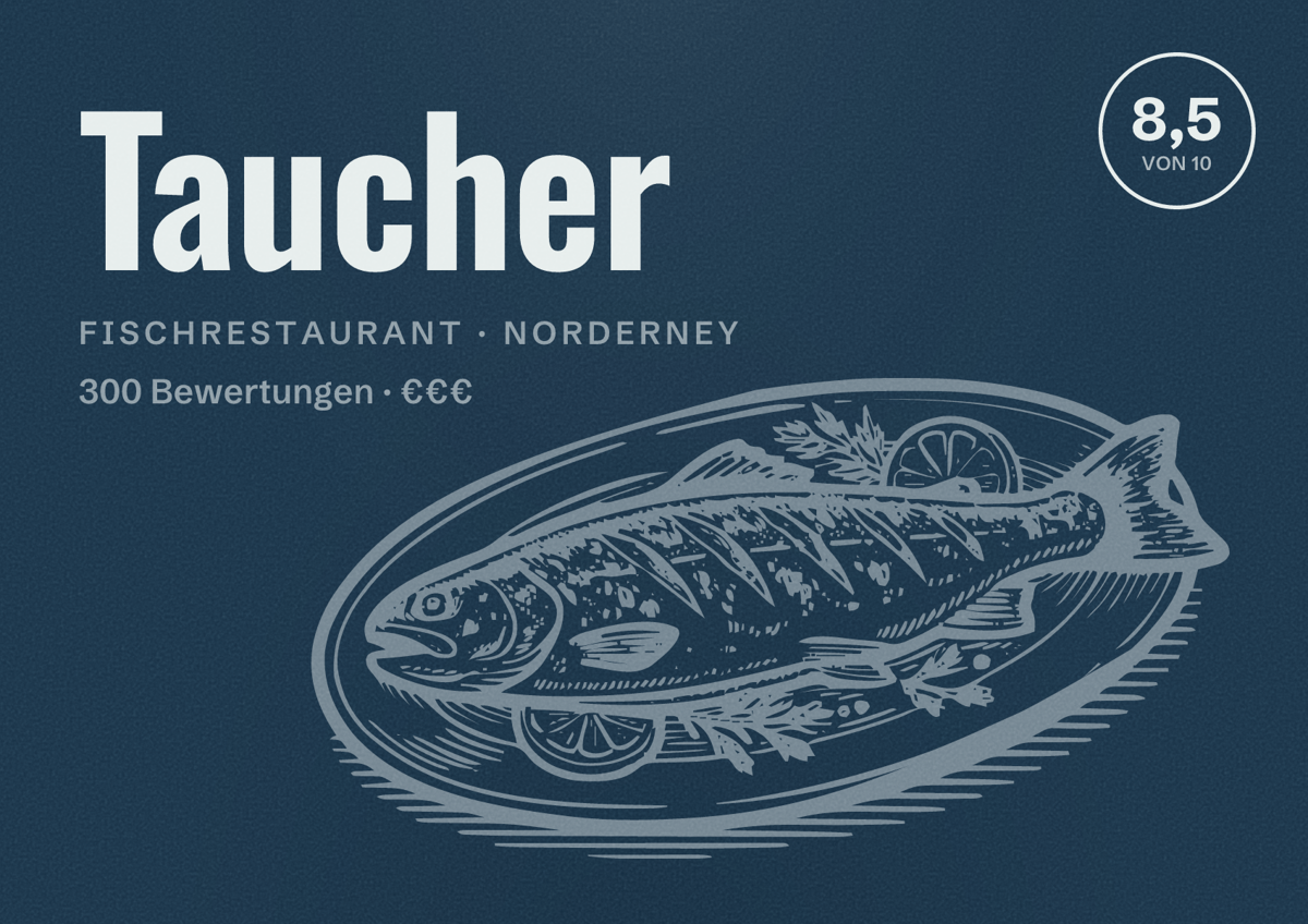 Illustriertes Poster von Taucher, Fischrestaurant in Norderney: Bewertung 8,5 von 10 aus 300 Bewertungen, Preisniveau €€€