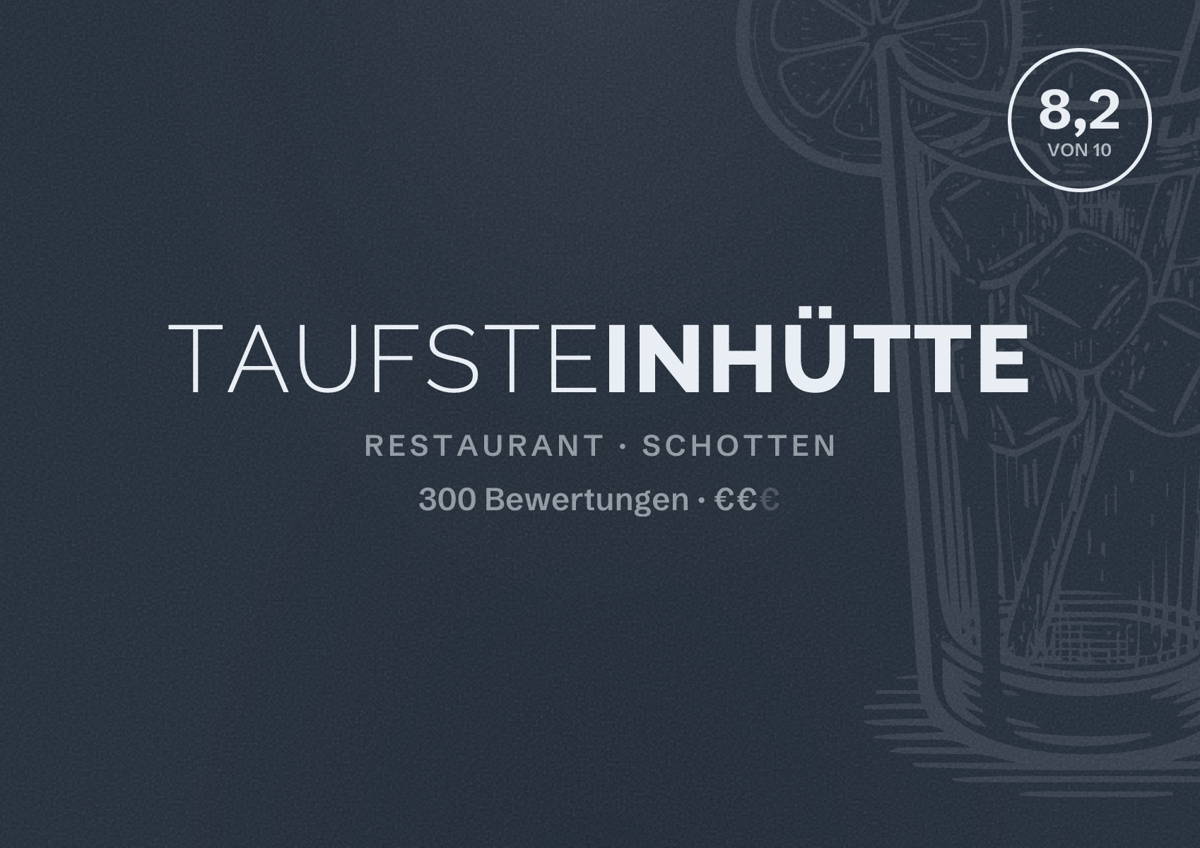 Illustriertes Poster von Taufsteinhütte, Restaurant in Schotten: Bewertung 8,2 von 10 aus 300 Bewertungen, Preisniveau €€