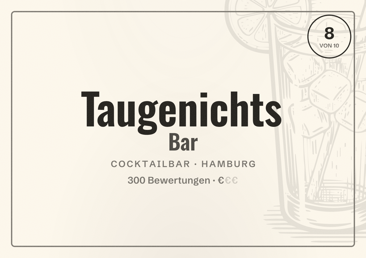 Illustriertes Poster von Taugenichts Bar, Cocktailbar in Hamburg: Bewertung 8,0 von 10 aus 300 Bewertungen, Preisniveau €