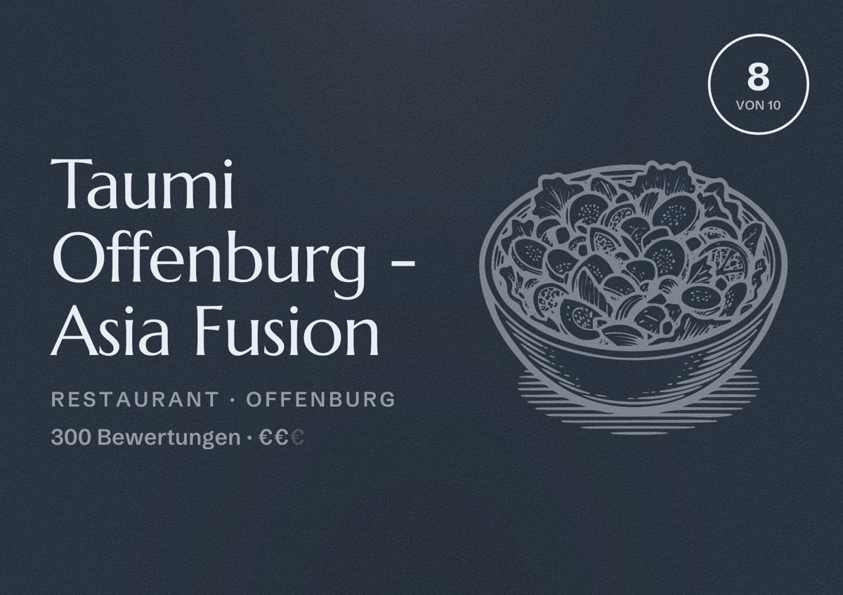 Illustriertes Poster von Taumi Offenburg - Asia Fusion, Restaurant in Offenburg: Bewertung 8 von 10 aus 300 Bewertungen, Preisniveau €€