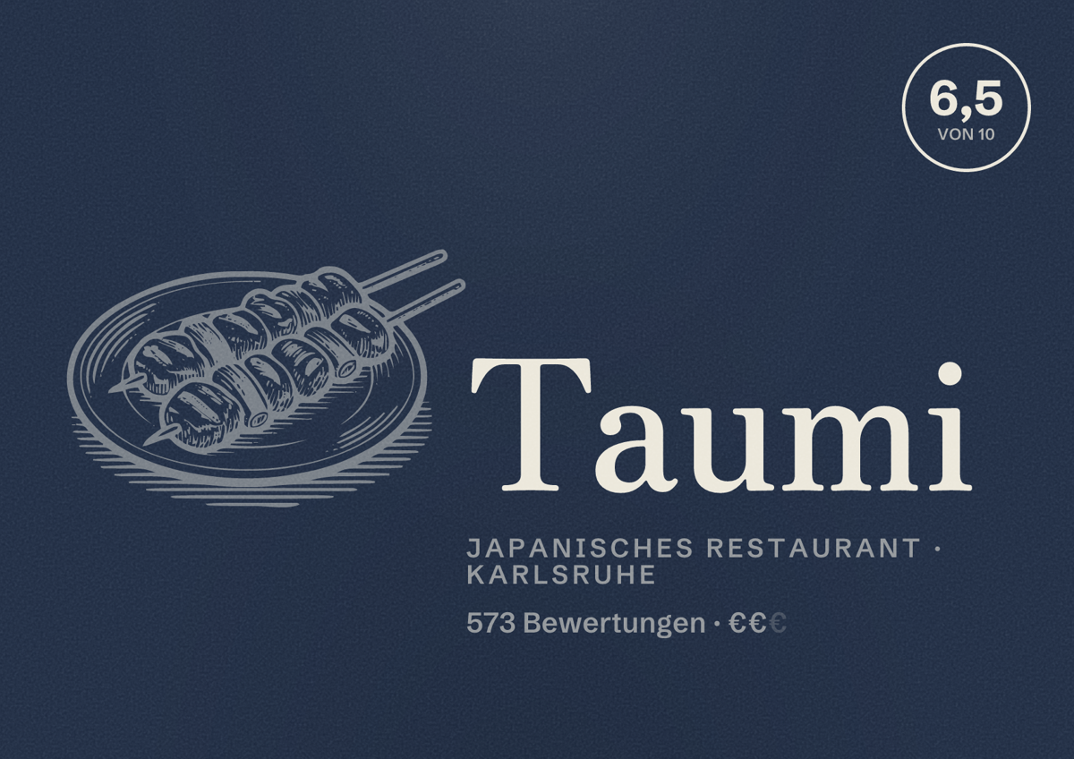 Illustriertes Poster von Taumi, Japanisches Restaurant in Karlsruhe: Bewertung 6,5 von 10 aus 573 Bewertungen, Preisniveau €€