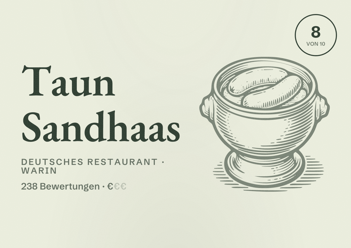 Illustriertes Poster von Taun Sandhaas, Deutsches Restaurant in Warin: Bewertung 8 von 10 aus 238 Bewertungen, Preisniveau €