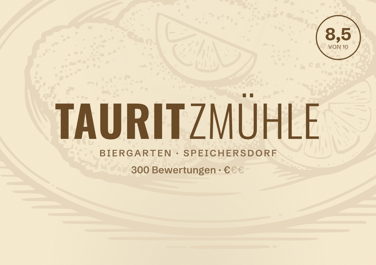 Illustriertes Poster von Tauritzmühle, Biergarten in Speichersdorf: Bewertung 8,5 von 10 aus 300 Bewertungen, Preisniveau €