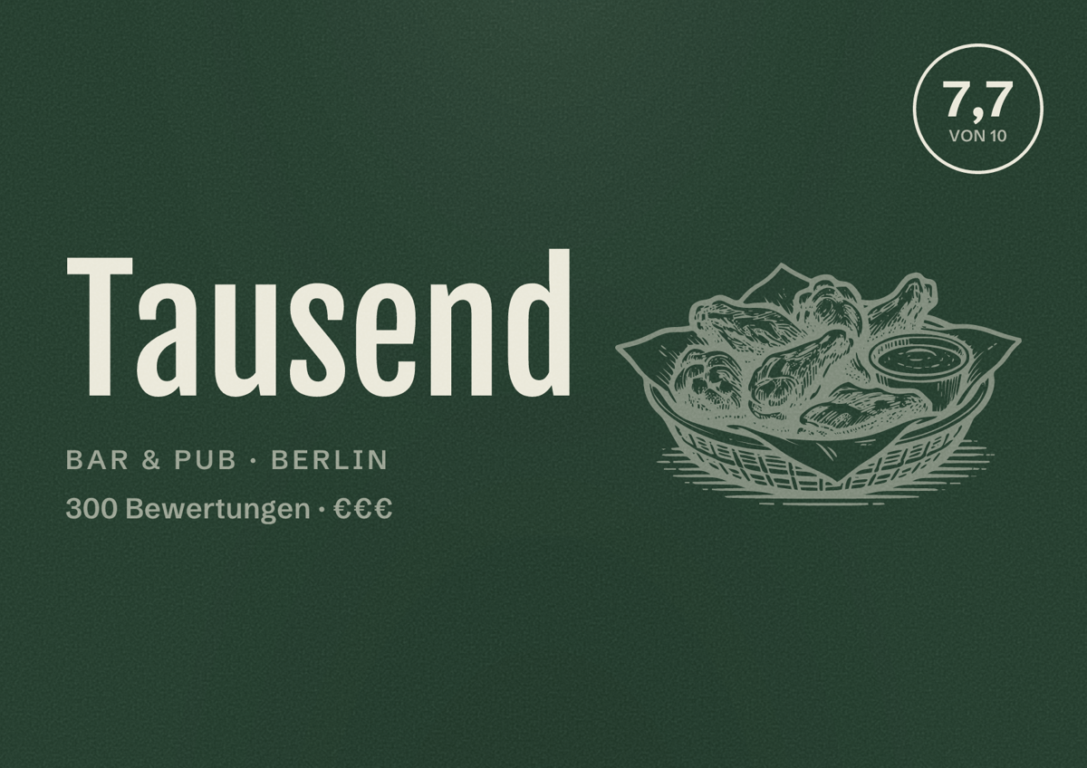 Illustriertes Poster von Tausend, Bar & Pub in Berlin: Bewertung 7,7 von 10 aus 300 Bewertungen, Preisniveau €€€
