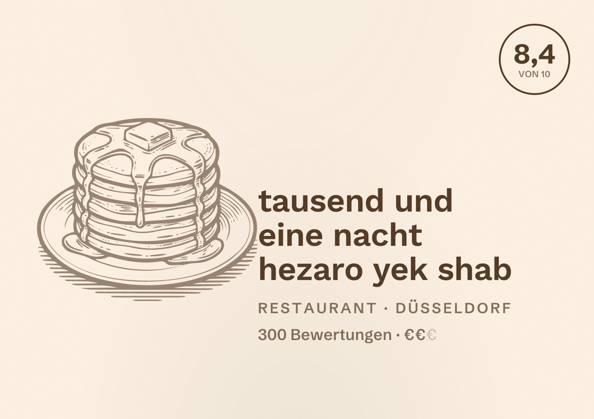 Illustriertes Poster von tausend und eine nacht hezaro yek shab, Restaurant in Düsseldorf: Bewertung 8,4 von 10 aus 300 Bewertungen, Preisniveau €€