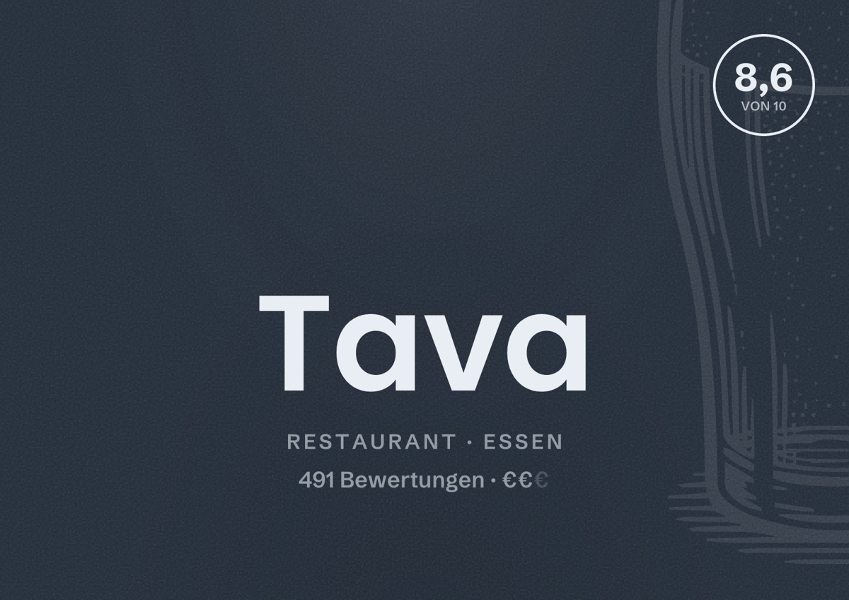 Illustriertes Poster von Tava, Restaurant in Essen: Bewertung 8,6 von 10 aus 491 Bewertungen, Preisniveau €€