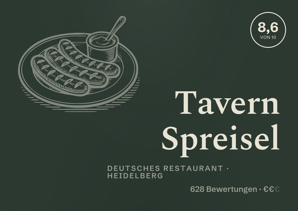 Illustriertes Poster von Tavern Spreisel, Deutsches Restaurant in Heidelberg: Bewertung 8,6 von 10 aus 628 Bewertungen, Preisniveau €€