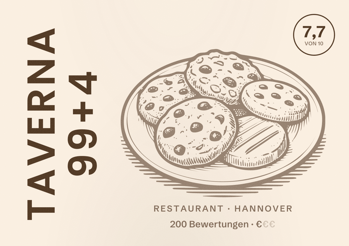 Illustriertes Poster von Taverna 99+4, Restaurant in Hannover: Bewertung 7,7 von 10 aus 200 Bewertungen, Preisniveau €