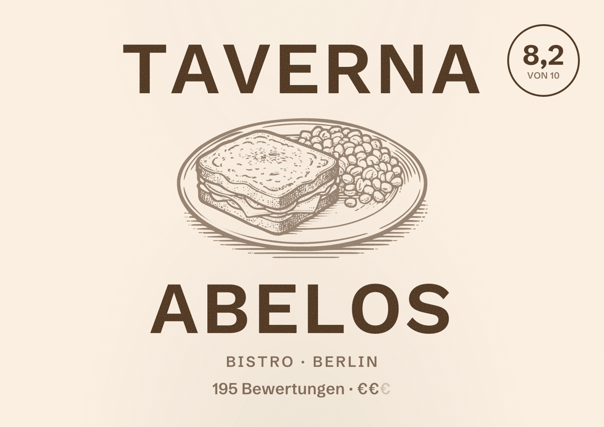 Illustriertes Poster von Taverna Abelos, Bistro in Berlin: Bewertung 8,2 von 10 aus 195 Bewertungen, Preisniveau €€