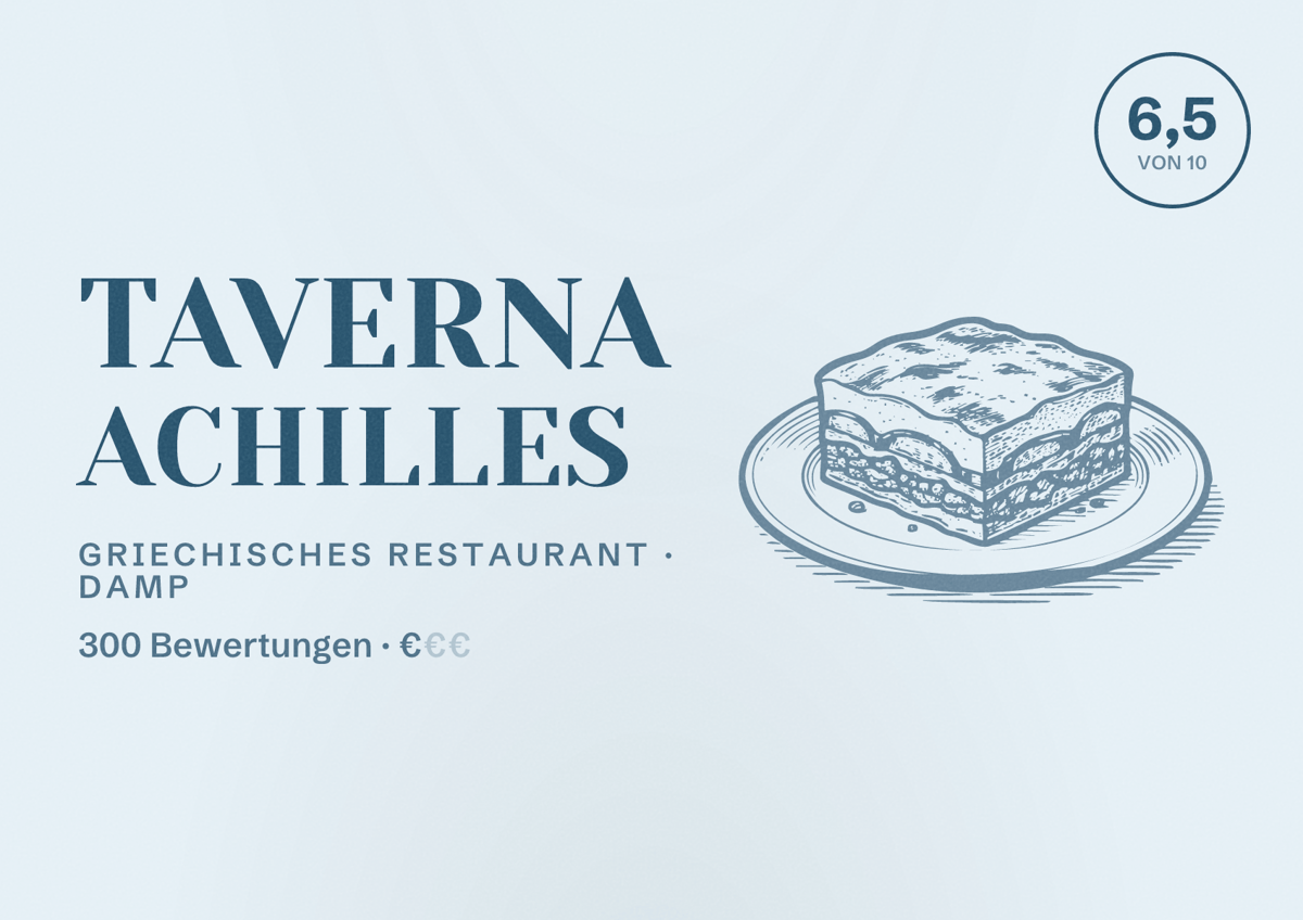 Illustriertes Poster von Taverna Achilles, Griechisches Restaurant in Damp: Bewertung 6,5 von 10 aus 300 Bewertungen, Preisniveau €