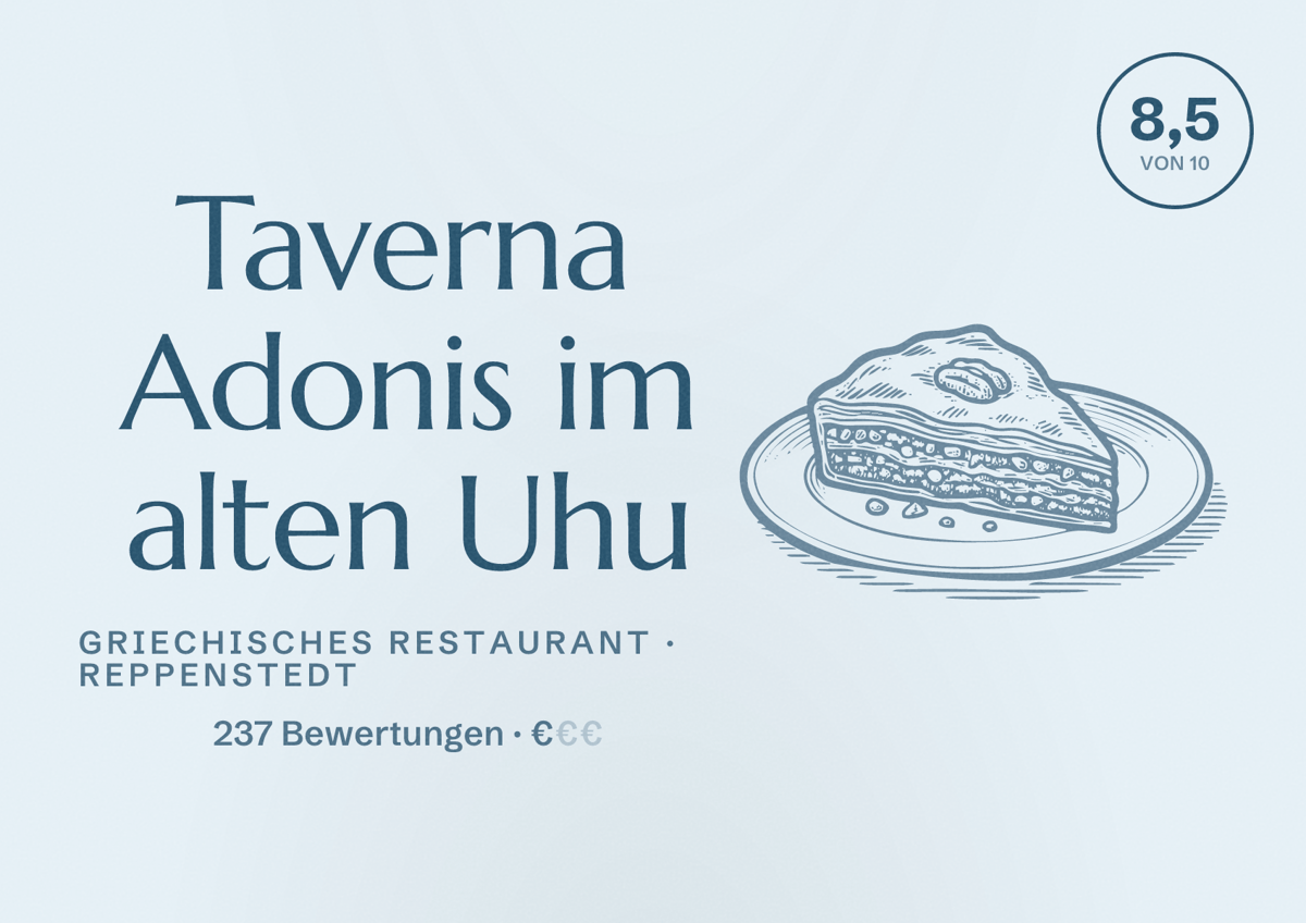 Illustriertes Poster von Taverna Adonis im alten Uhu, Griechisches Restaurant in Reppenstedt: Bewertung 8,5 von 10 aus 237 Bewertungen, Preisniveau €