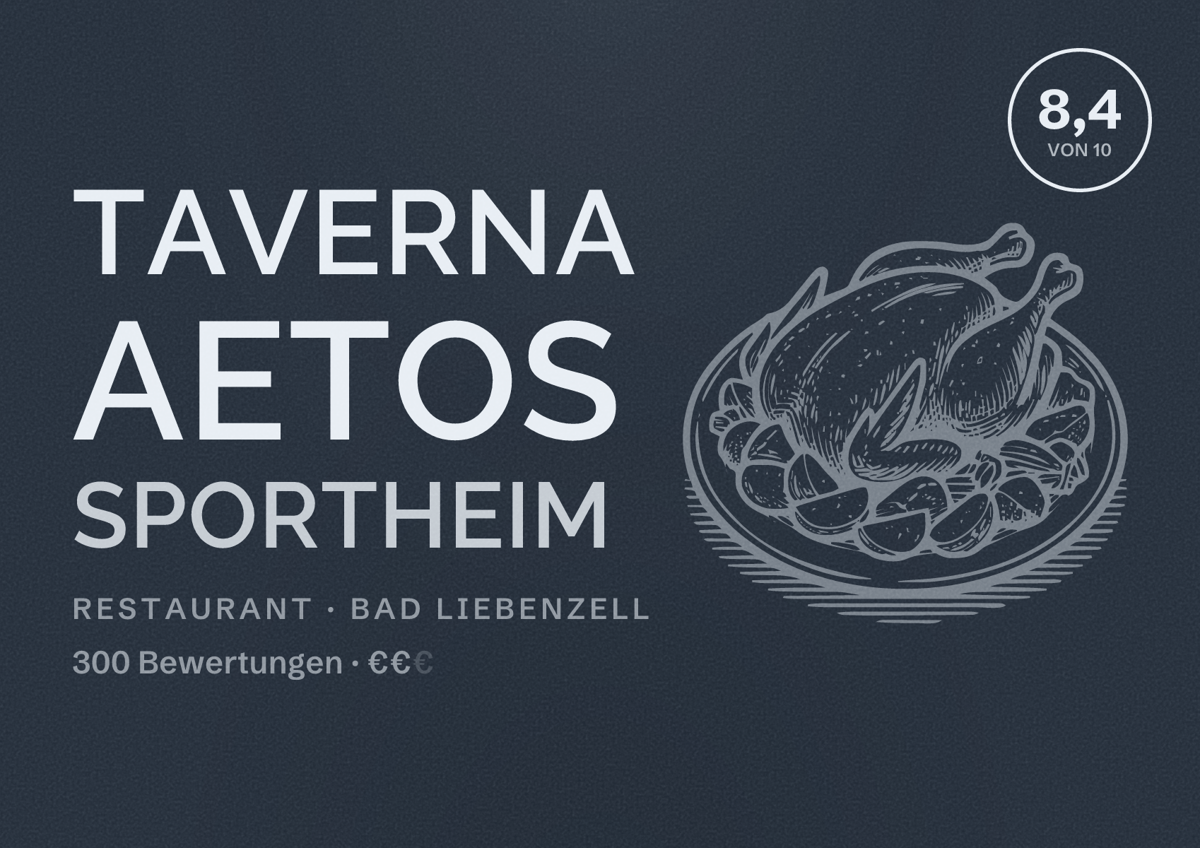Illustriertes Poster von Taverna Aetos Sportheim, Restaurant in Bad Liebenzell: Bewertung 8,4 von 10 aus 300 Bewertungen, Preisniveau €€