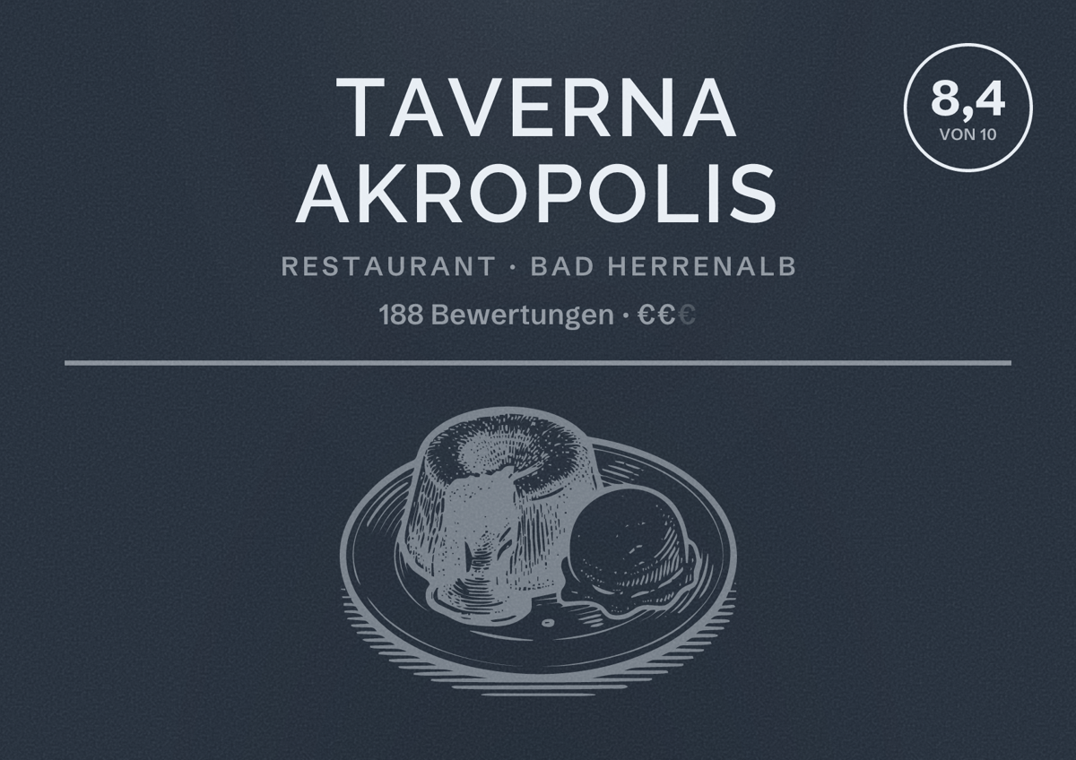 Illustriertes Poster von Taverna Akropolis, Restaurant in Bad Herrenalb: Bewertung 8,4 von 10 aus 188 Bewertungen, Preisniveau €€