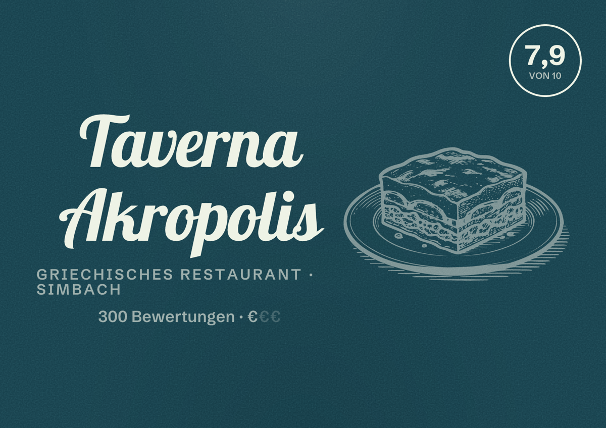 Illustriertes Poster von Taverna Akropolis, Griechisches Restaurant in Simbach: Bewertung 7,9 von 10 aus 300 Bewertungen, Preisniveau €