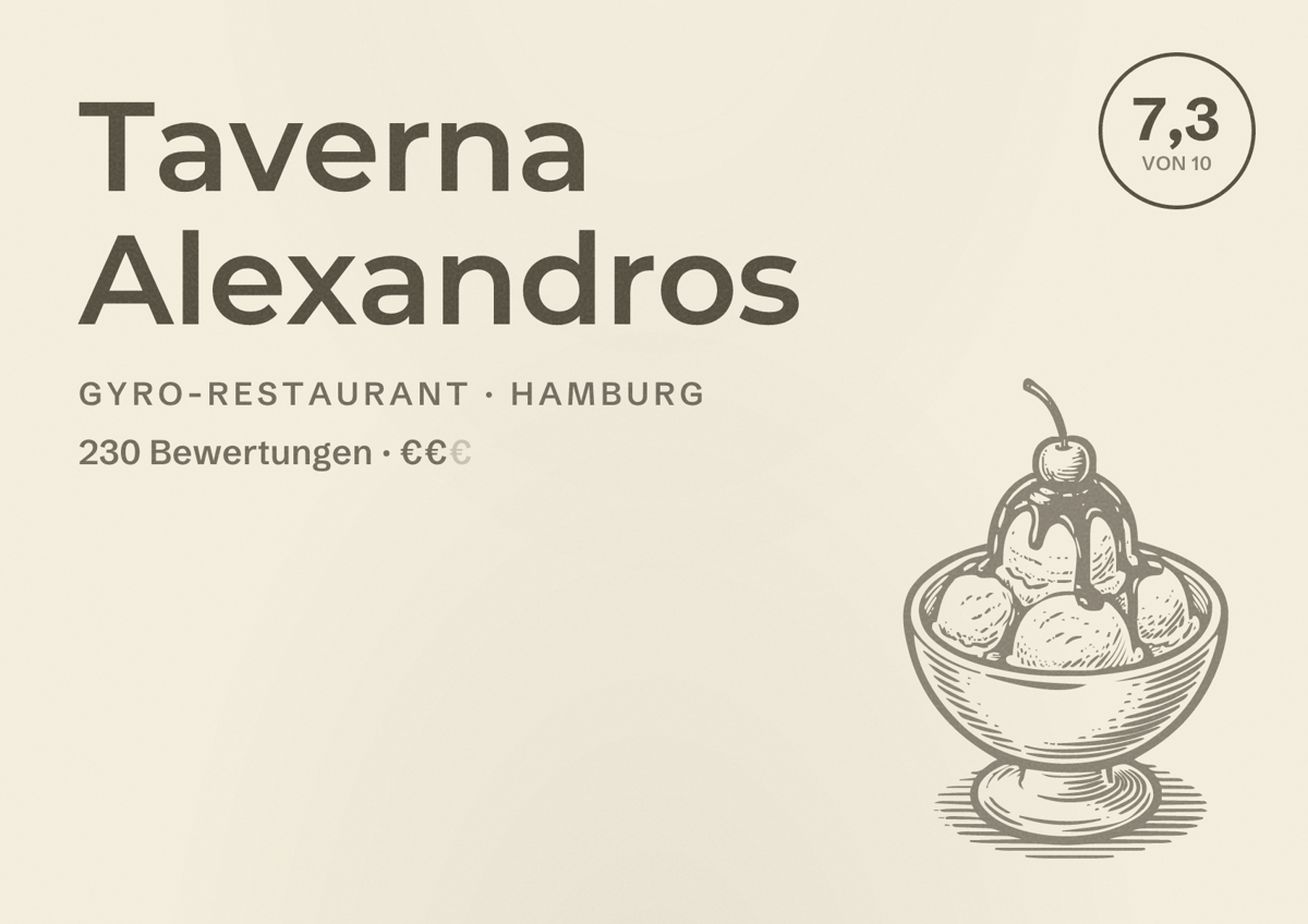 Illustriertes Poster von Taverna Alexandros, Gyro-Restaurant in Hamburg: Bewertung 7,3 von 10 aus 230 Bewertungen, Preisniveau €€