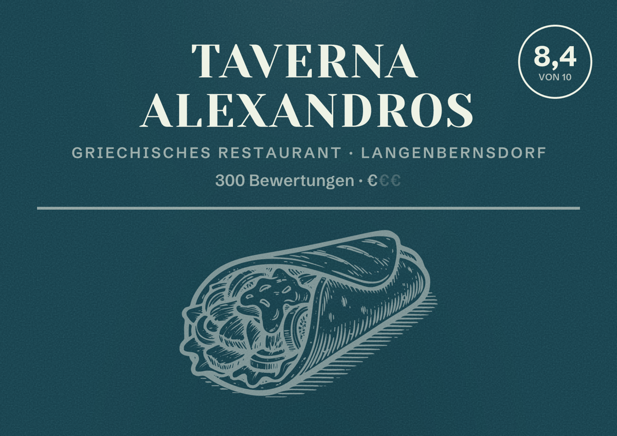 Illustriertes Poster von Taverna Alexandros, Griechisches Restaurant in Langenbernsdorf: Bewertung 8,4 von 10 aus 300 Bewertungen, Preisniveau €