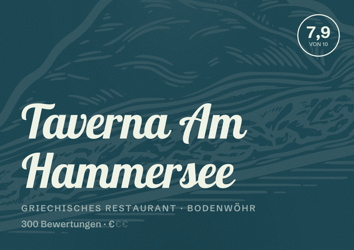 Illustriertes Poster von Taverna Am Hammersee, Griechisches Restaurant in Bodenwöhr: Bewertung 7,9 von 10 aus 300 Bewertungen, Preisniveau €
