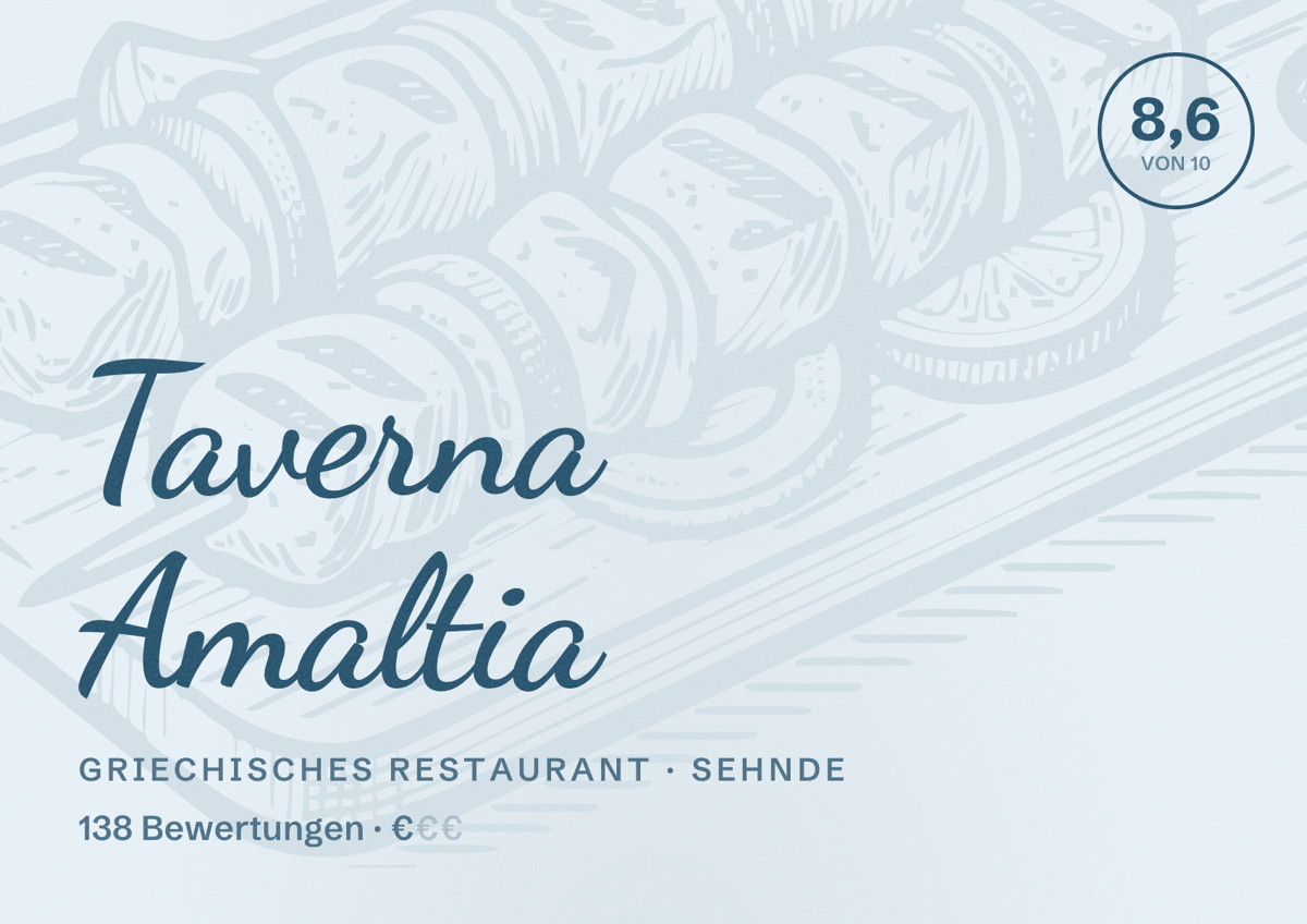 Illustriertes Poster von Taverna Amaltia, Griechisches Restaurant in Sehnde: Bewertung 8,6 von 10 aus 138 Bewertungen, Preisniveau €