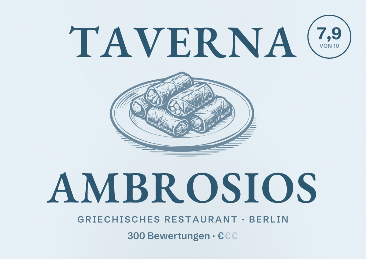 Illustriertes Poster von Taverna Ambrosios, Griechisches Restaurant in Berlin: Bewertung 7,9 von 10 aus 300 Bewertungen, Preisniveau €