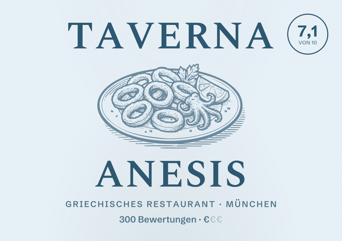 Illustriertes Poster von Taverna Anesis, Griechisches Restaurant in München: Bewertung 7,1 von 10 aus 300 Bewertungen, Preisniveau €