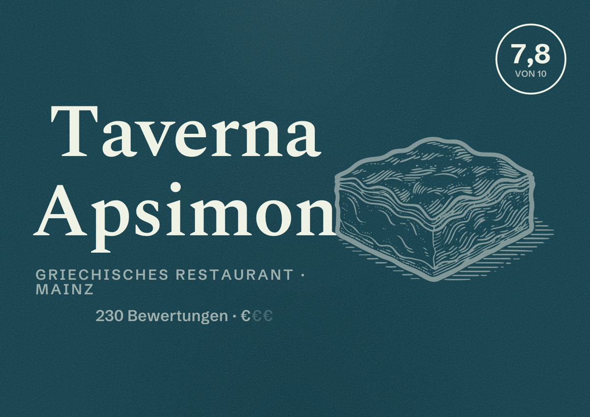 Illustriertes Poster von Taverna Apsimon, Griechisches Restaurant in Mainz: Bewertung 7,8 von 10 aus 230 Bewertungen, Preisniveau €