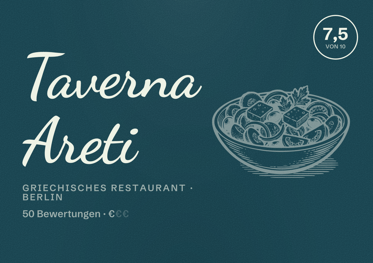 Illustriertes Poster von Taverna Areti, Griechisches Restaurant in Berlin: Bewertung 7,5 von 10 aus 50 Bewertungen, Preisniveau €