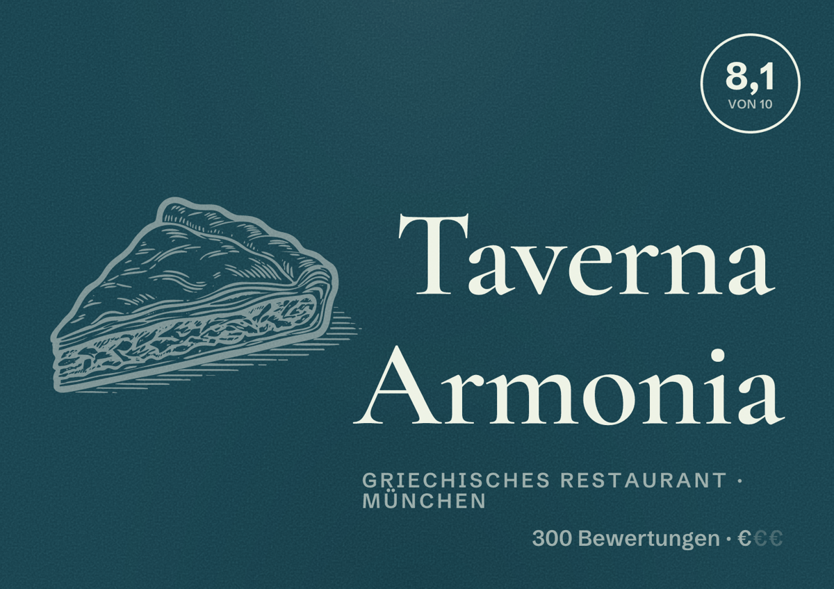 Illustriertes Poster von Taverna Armonia, Griechisches Restaurant in München: Bewertung 8,1 von 10 aus 300 Bewertungen, Preisniveau €