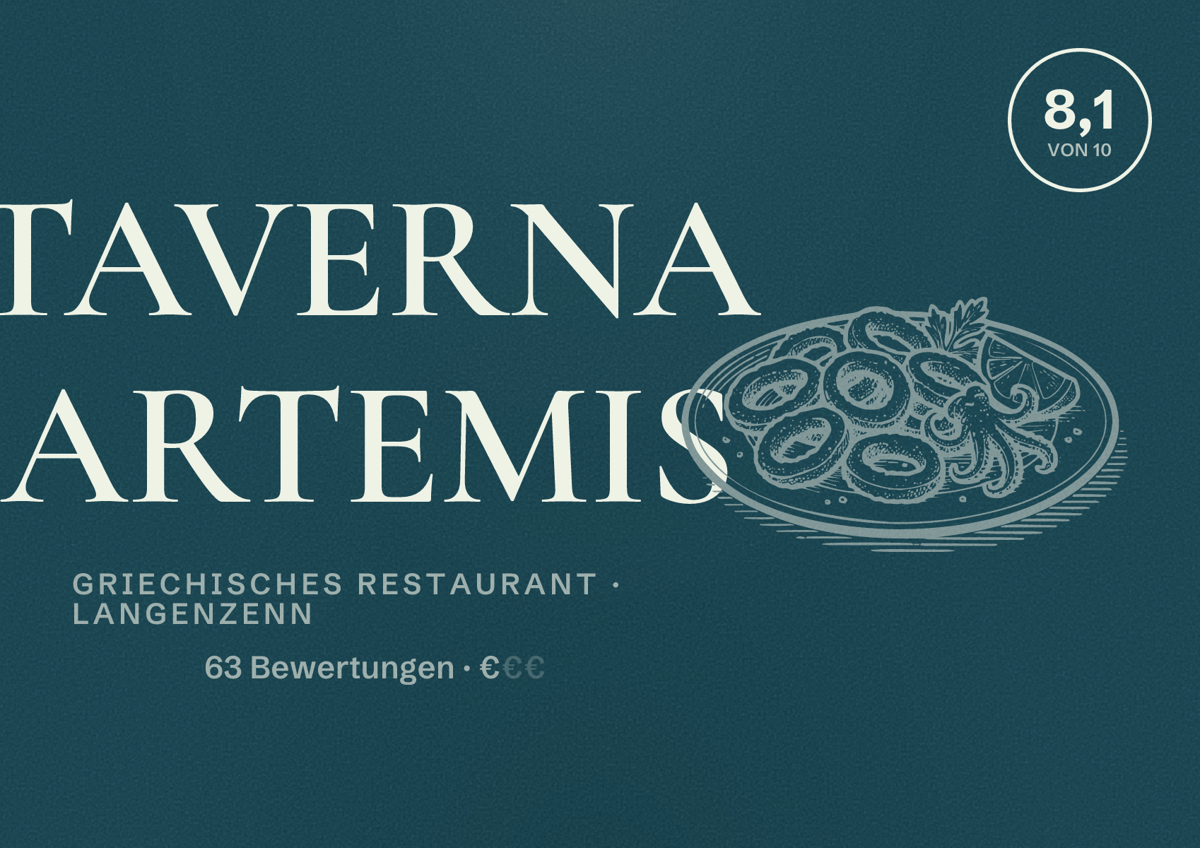 Illustriertes Poster von TAVERNA ARTEMIS, Griechisches Restaurant in Langenzenn: Bewertung 8,1 von 10 aus 63 Bewertungen, Preisniveau €