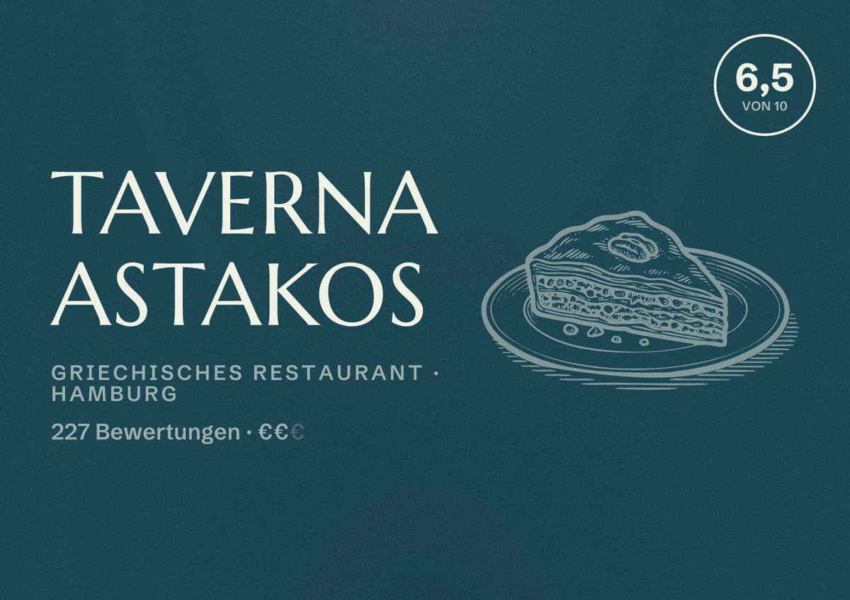 Illustriertes Poster von Taverna Astakos, Griechisches Restaurant in Hamburg: Bewertung 6,5 von 10 aus 227 Bewertungen, Preisniveau €€