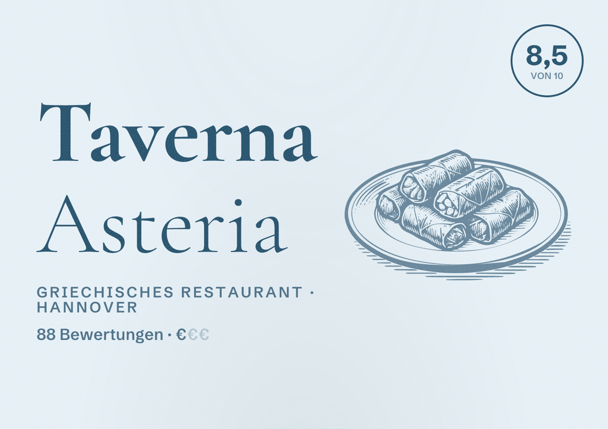 Illustriertes Poster von Taverna Asteria, Griechisches Restaurant in Hannover: Bewertung 8,5 von 10 aus 88 Bewertungen, Preisniveau €