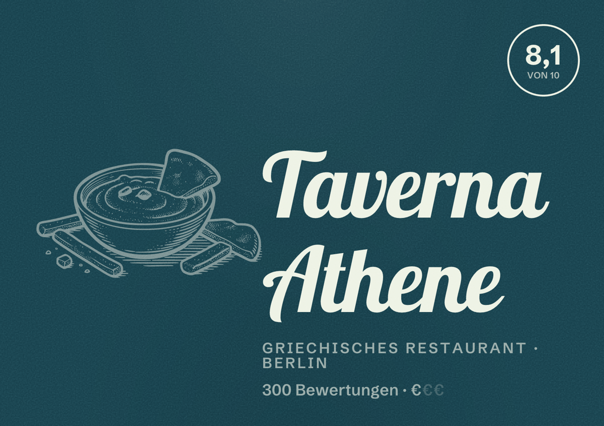 Illustriertes Poster von Taverna Athene, Griechisches Restaurant in Berlin: Bewertung 8,1 von 10 aus 300 Bewertungen, Preisniveau €