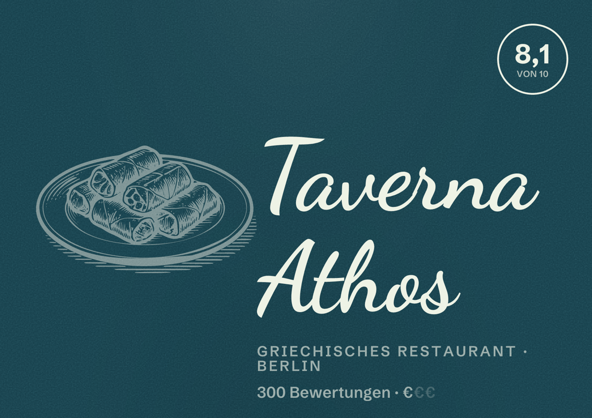 Illustriertes Poster von Taverna Athos, Griechisches Restaurant in Berlin: Bewertung 8,1 von 10 aus 300 Bewertungen, Preisniveau €