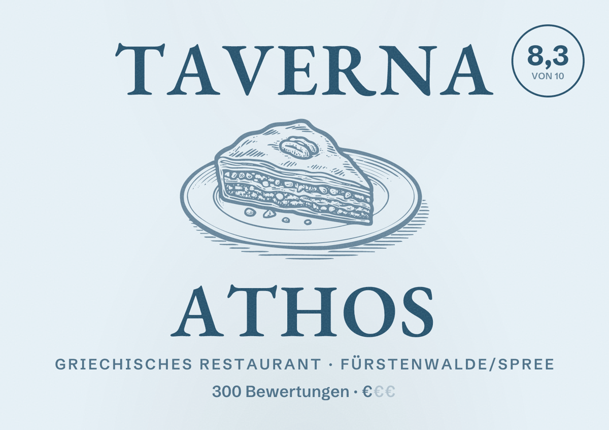 Illustriertes Poster von Taverna Athos, Griechisches Restaurant in Fürstenwalde/Spree: Bewertung 8,3 von 10 aus 300 Bewertungen, Preisniveau €