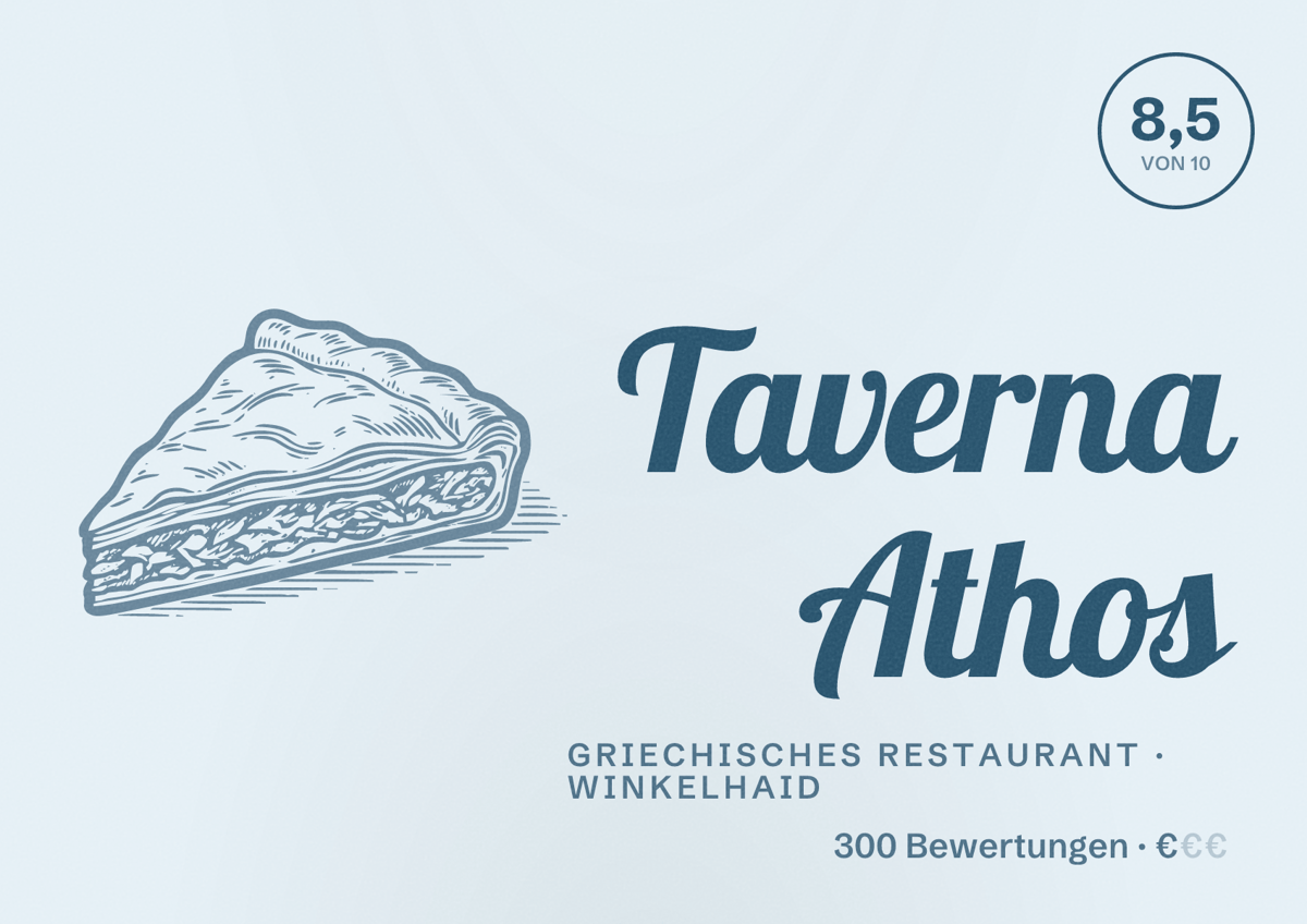 Illustriertes Poster von Taverna Athos, Griechisches Restaurant in Winkelhaid: Bewertung 8,5 von 10 aus 300 Bewertungen, Preisniveau €