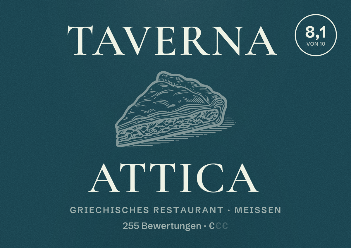 Illustriertes Poster von Taverna Attica, Griechisches Restaurant in Meißen: Bewertung 8,1 von 10 aus 255 Bewertungen, Preisniveau €