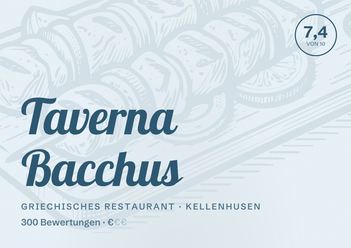 Illustriertes Poster von Taverna Bacchus, Griechisches Restaurant in Kellenhusen: Bewertung 7,4 von 10 aus 300 Bewertungen, Preisniveau €