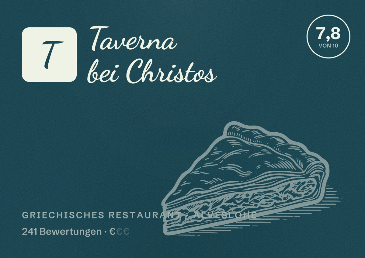 Illustriertes Poster von Taverna bei Christos, Griechisches Restaurant in Alveslohe: Bewertung 7,8 von 10 aus 241 Bewertungen, Preisniveau €