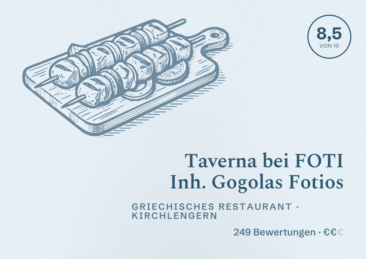 Illustriertes Poster von Taverna bei FOTI Inh. Gogolas Fotios, Griechisches Restaurant in Kirchlengern: Bewertung 8,5 von 10 aus 249 Bewertungen, Preisniveau €€