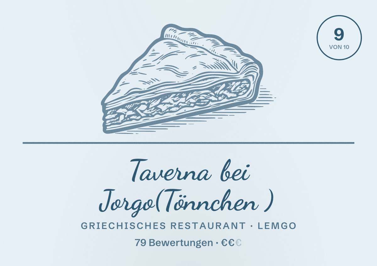 Illustriertes Poster von Taverna bei Jorgo(Tönnchen ), Griechisches Restaurant in Lemgo: Bewertung 9 von 10 aus 79 Bewertungen, Preisniveau €€