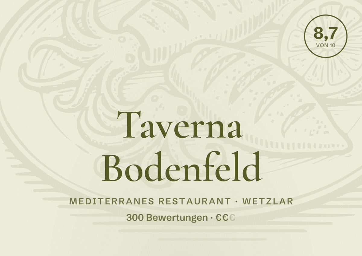 Illustriertes Poster von Taverna Bodenfeld, Mediterranes Restaurant in Wetzlar: Bewertung 8,7 von 10 aus 300 Bewertungen, Preisniveau €€