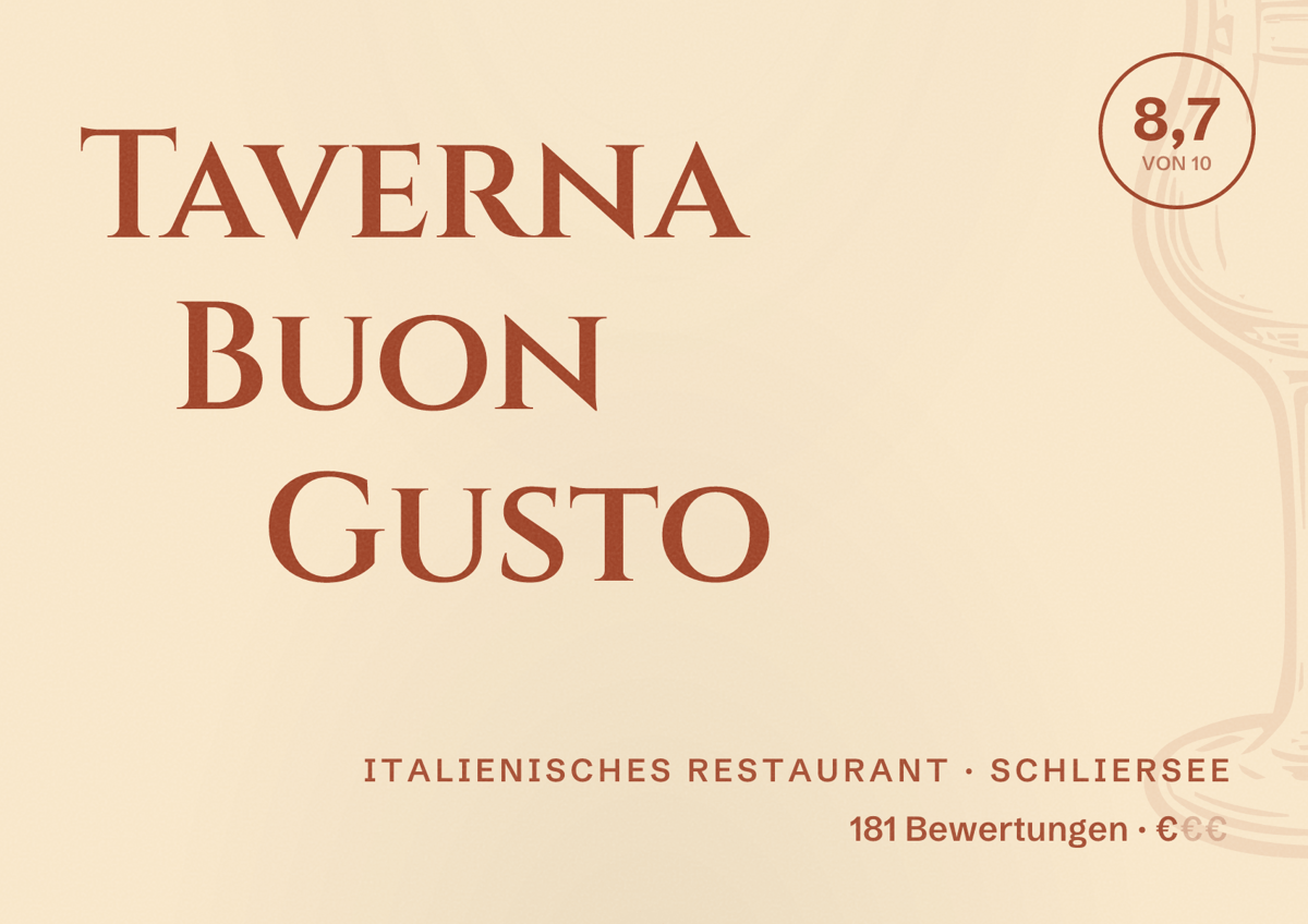 Illustriertes Poster von Taverna Buon Gusto, Italienisches Restaurant in Schliersee: Bewertung 8,7 von 10 aus 181 Bewertungen, Preisniveau €