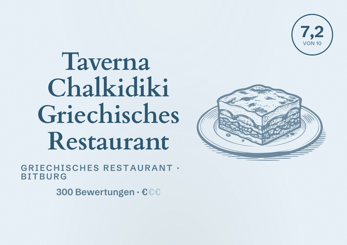 Illustriertes Poster von Taverna Chalkidiki Griechisches Restaurant, Griechisches Restaurant in Bitburg: Bewertung 7,2 von 10 aus 300 Bewertungen, Preisniveau €