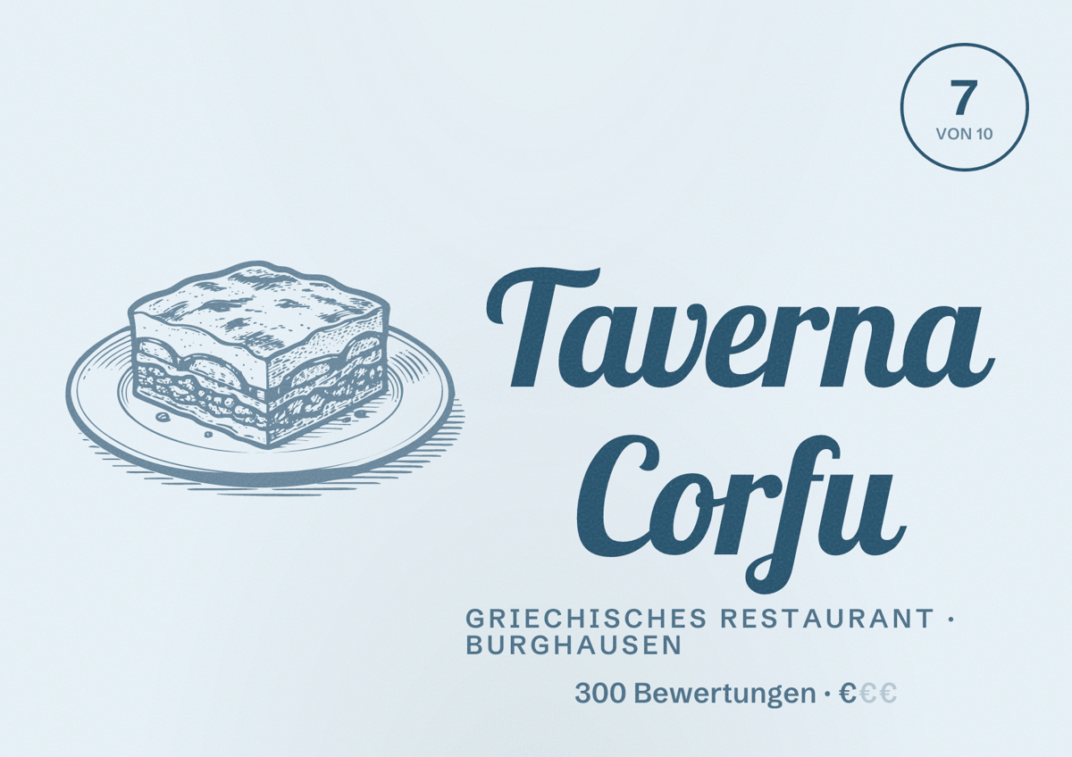 Illustriertes Poster von Taverna Corfu, Griechisches Restaurant in Burghausen: Bewertung 7 von 10 aus 300 Bewertungen, Preisniveau €
