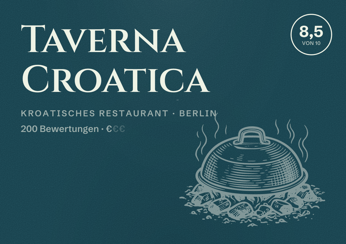 Illustriertes Poster von Taverna Croatica, Kroatisches Restaurant in Berlin: Bewertung 8,5 von 10 aus 200 Bewertungen, Preisniveau €