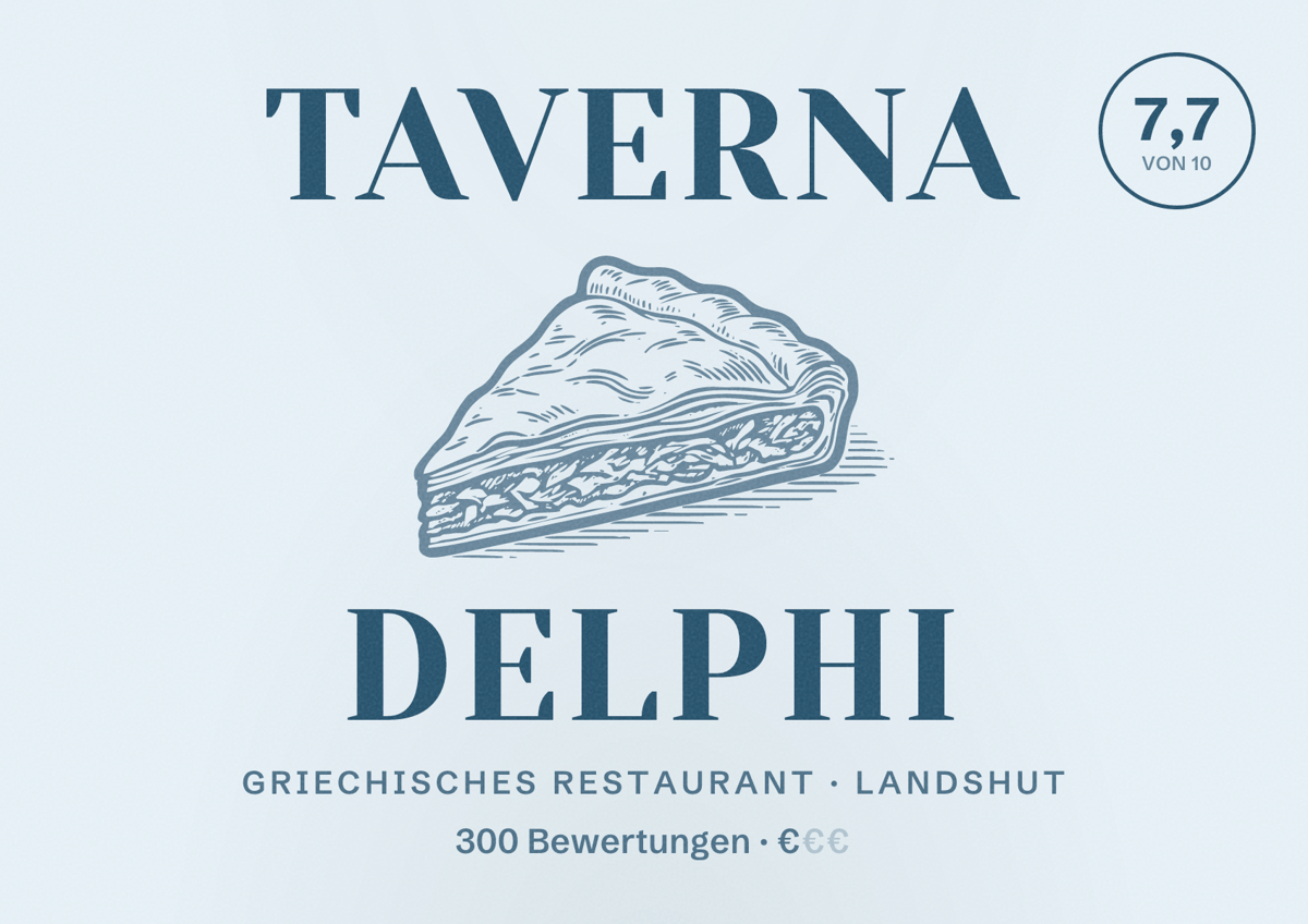 Illustriertes Poster von Taverna Delphi, Griechisches Restaurant in Landshut: Bewertung 7,7 von 10 aus 300 Bewertungen, Preisniveau €