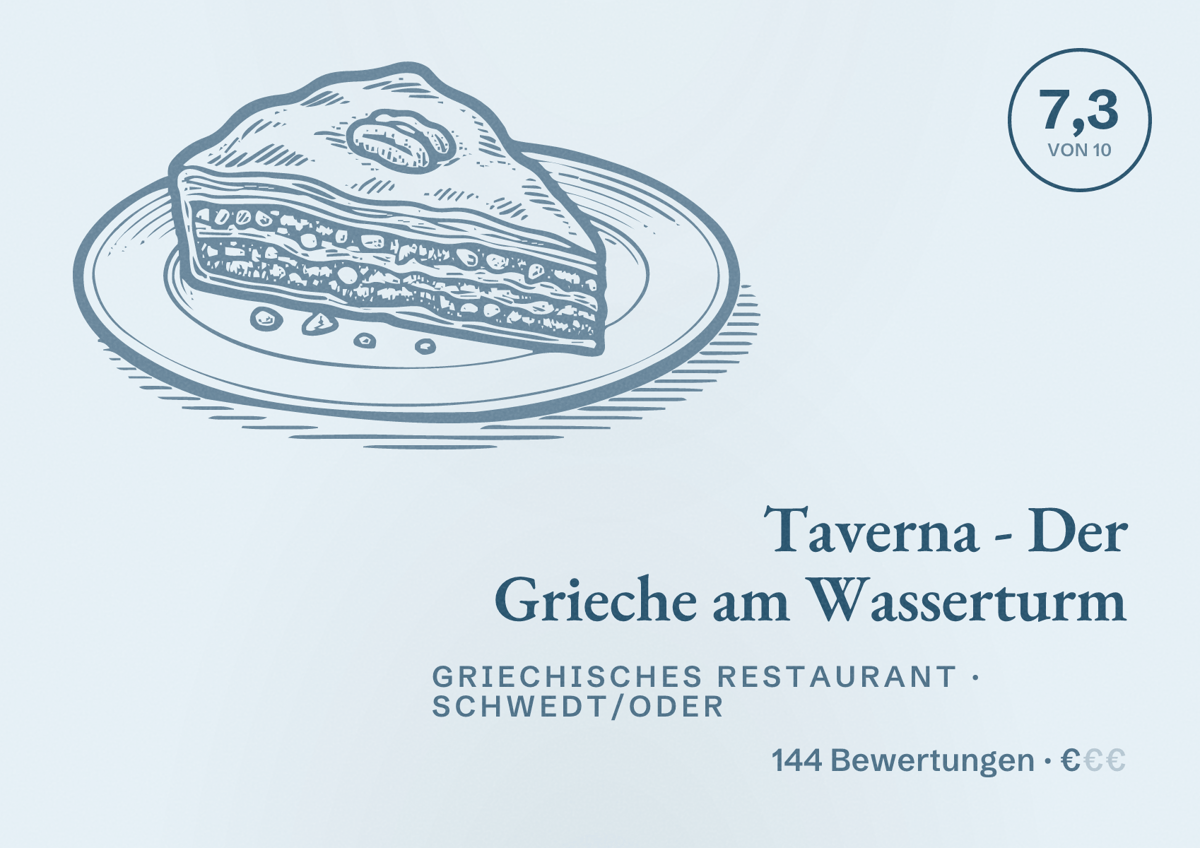 Illustriertes Poster von Taverna - Der Grieche am Wasserturm, Griechisches Restaurant in Schwedt/Oder: Bewertung 7,3 von 10 aus 144 Bewertungen, Preisniveau €